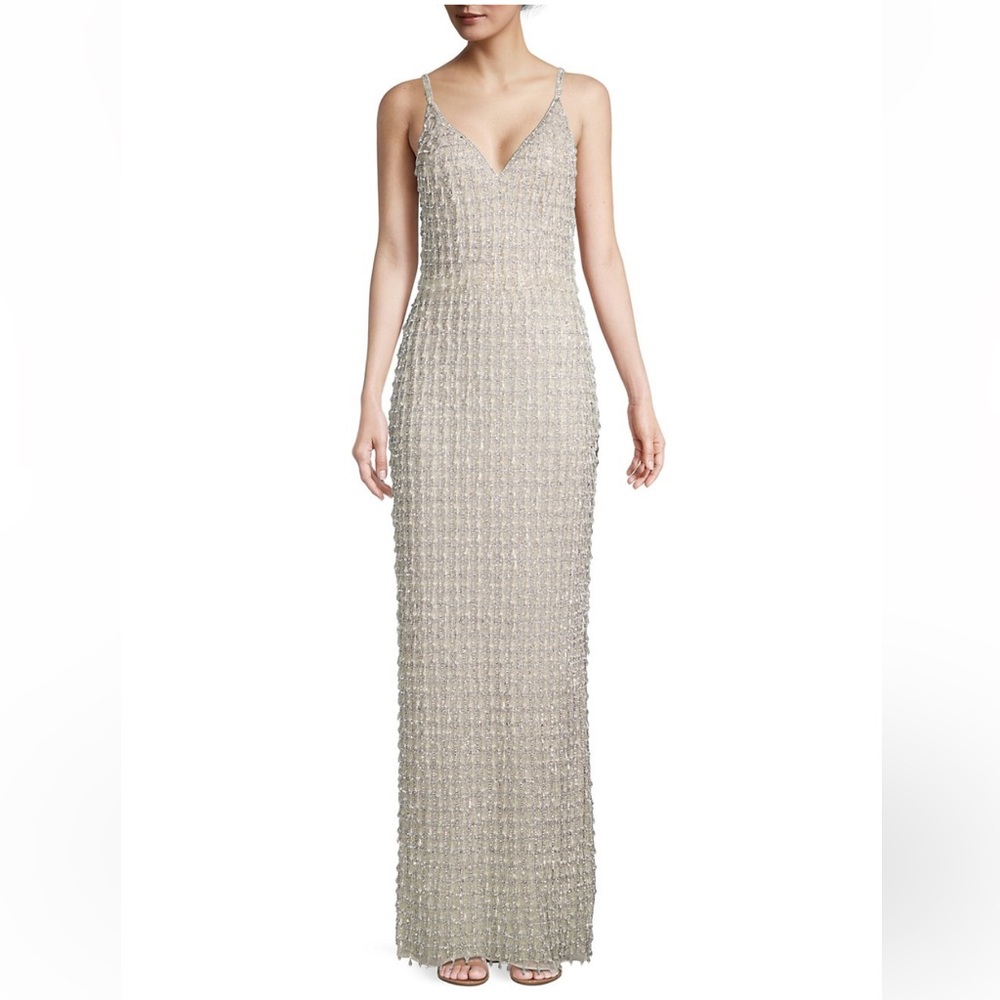Max Duggal heavy beaded column gown in nude silver